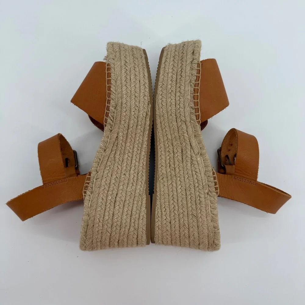 Soludos Minorca Tan Leather Espadrille Platform Wedge Sandals Womens 8 EU 38.5‎